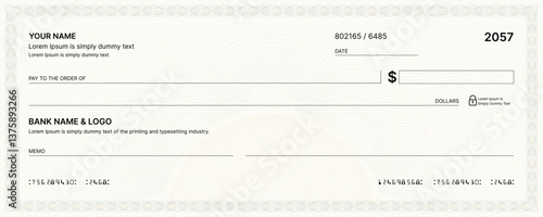 Blank bank check, checkbook cheque template or money payment paper voucher, vector mockup. Business or personal account cash pay cheque certificate or paycheck coupon from checkbook