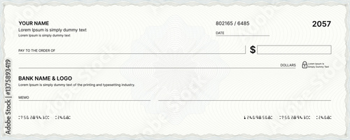 Blank bank check, checkbook cheque template or money payment paper voucher, vector mockup. Business or personal account cash pay cheque certificate or paycheck coupon from checkbook