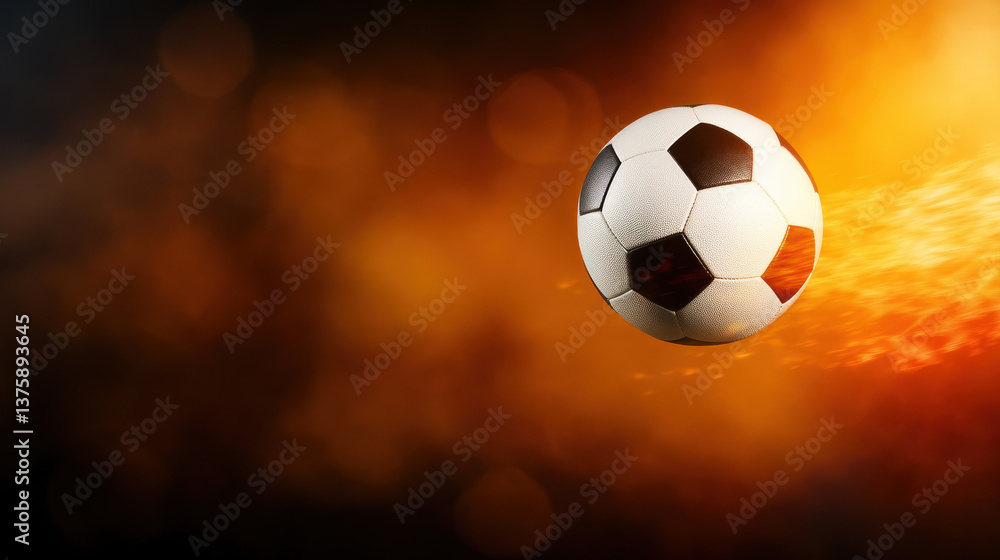 Fototapeta premium dynamic scene featuring football spinning through air, surrounded by fiery background, evokes excitement and energy