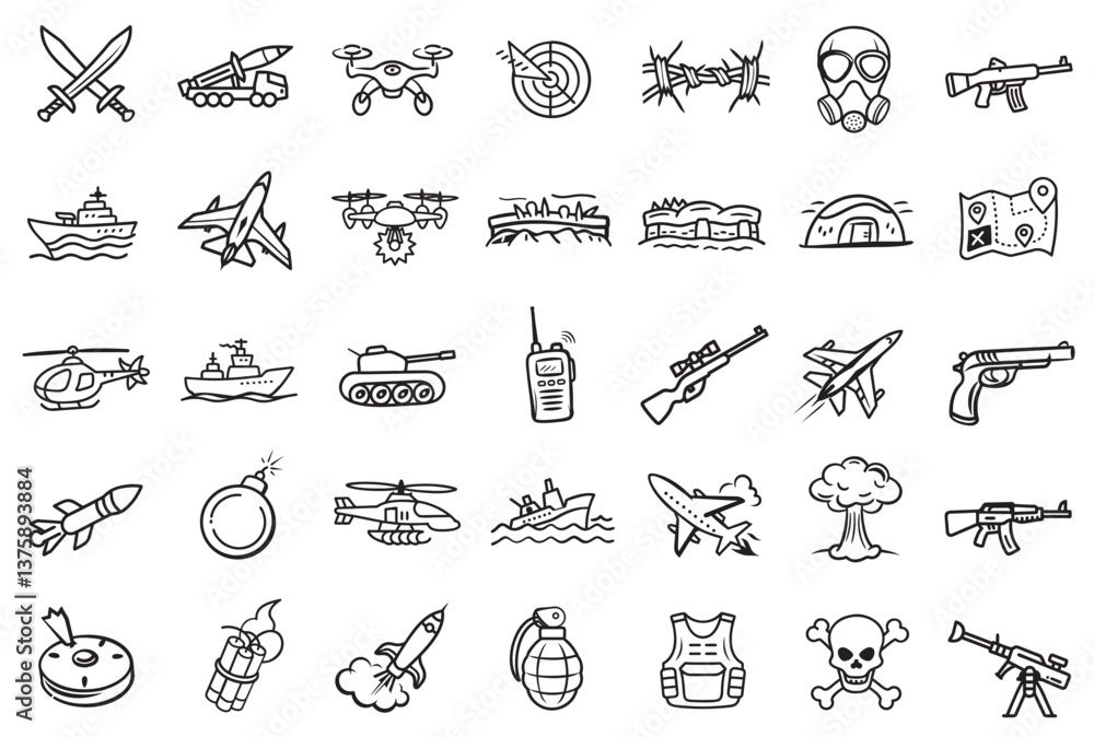 Set of 30 Outline Icons Depicting Military and Warfare Set of 30 Outline Icons Depicting Military and Warfare