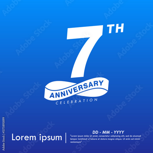 7th years anniversary celebration emblem. white anniversary logo isolated with infinity circle ribbon on blue background. vector illustration template design for web, flyers, poster, greeting card