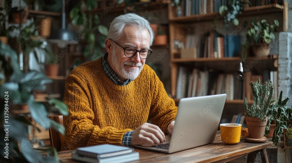Senior Man Working on Laptop in Cozy Home Office Surrounded by Plants Senior Man Working on Laptop in Cozy Home Office Surrounded by Plants