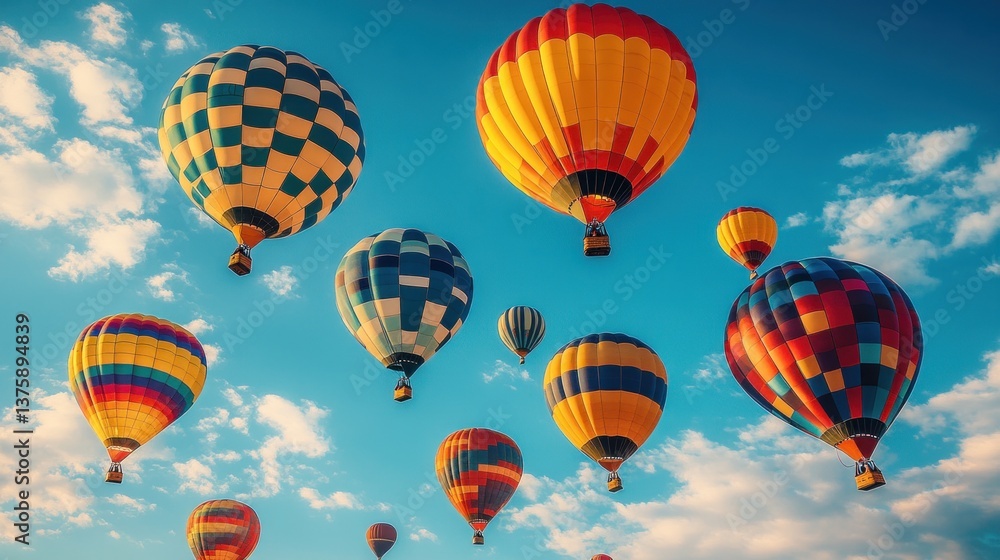 Obraz premium Colorful hot air balloons soaring in a vibrant sky with clouds