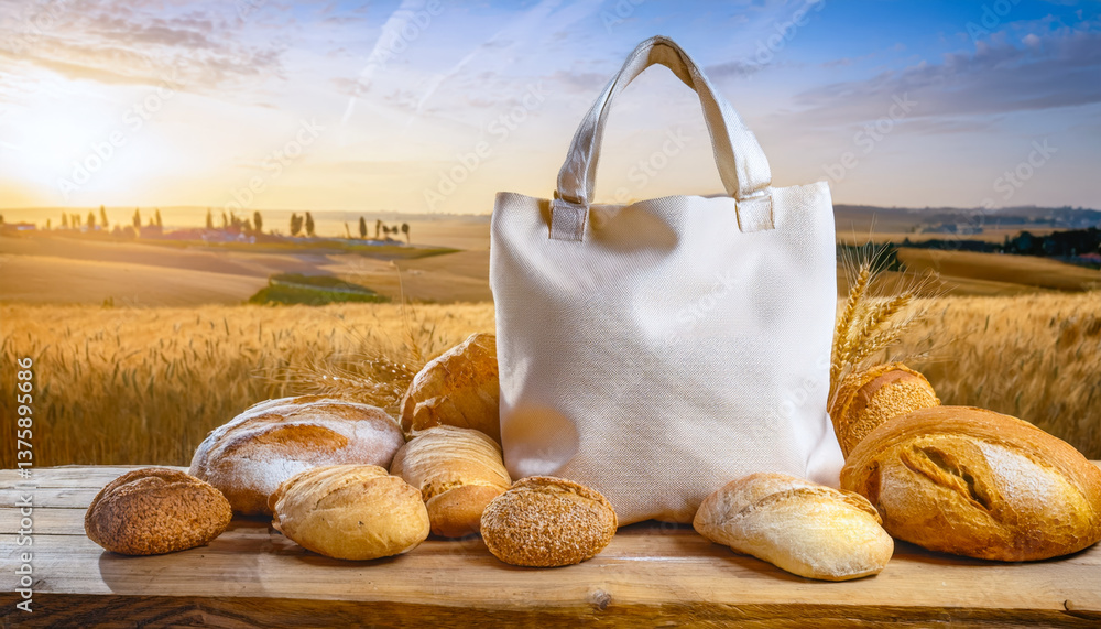 natural beige canvas huge tote bag placed on a rustic wooden surface, surrounded by fresh breads varieties.