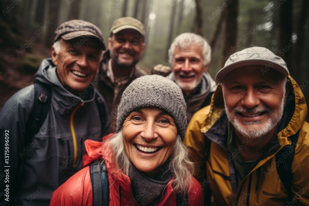 Portrait of smiling group of senior hikers while raining in forest Portrait of smiling group of senior hikers while raining in forest