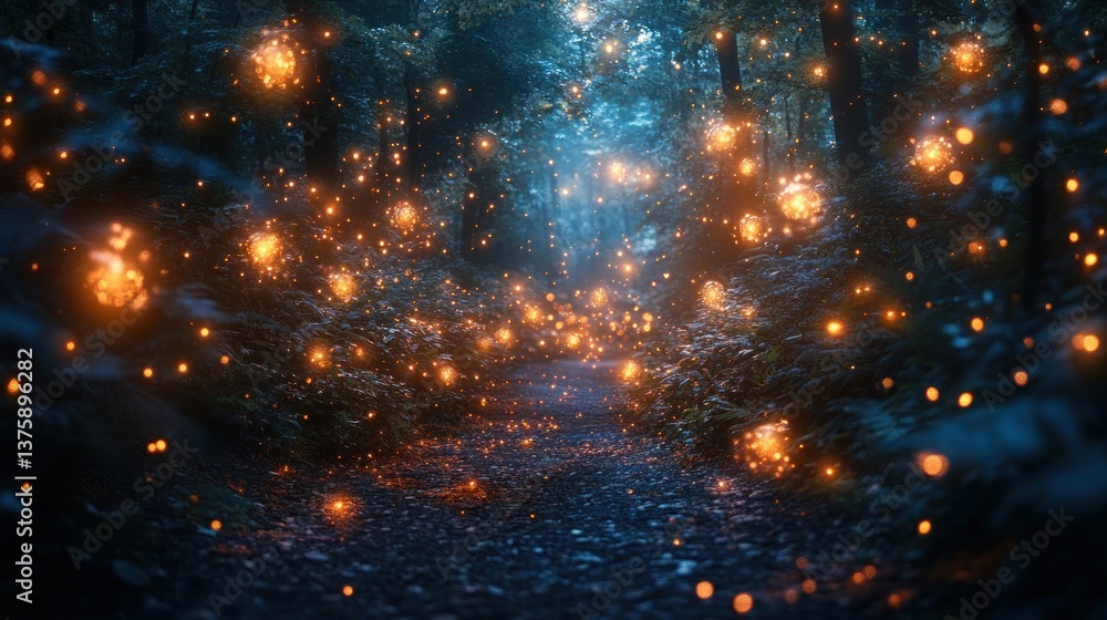 Naklejka premium Magical glowing lanterns pathway in mystical forest at night