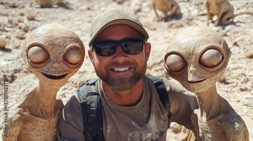 Smiling Man Takes Selfie with Two Friendly Alien Figures in a Desert