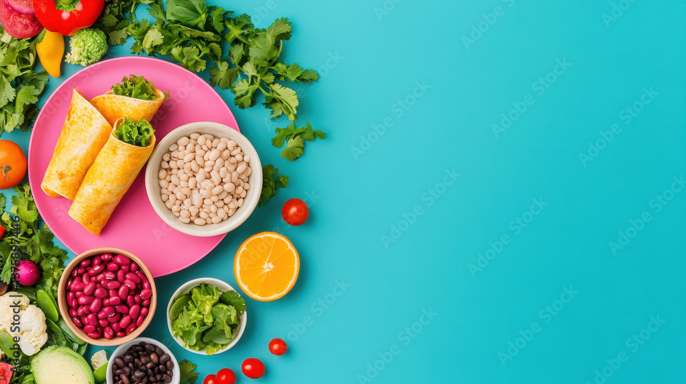 Colorful arrangement of fresh vegetables, herbs, and bowls of beans on a bright turquoise background. Colorful arrangement of fresh vegetables, herbs, and bowls of beans on a bright turquoise background.