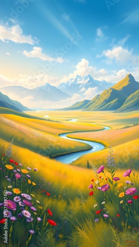 Tranquil River Valley with Wildflowers and Mountains