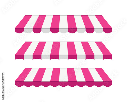 Striped awning set for cafe, shop, restaurant, hotel, store. Cafe sunshade, store canopy, cafe or market tent. Striped roof with pink and white stripes for pizzeria, street food.