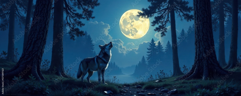 Fototapeta premium Moonlit forest scene with a lone howling wolf in the distance, nature, moonlight