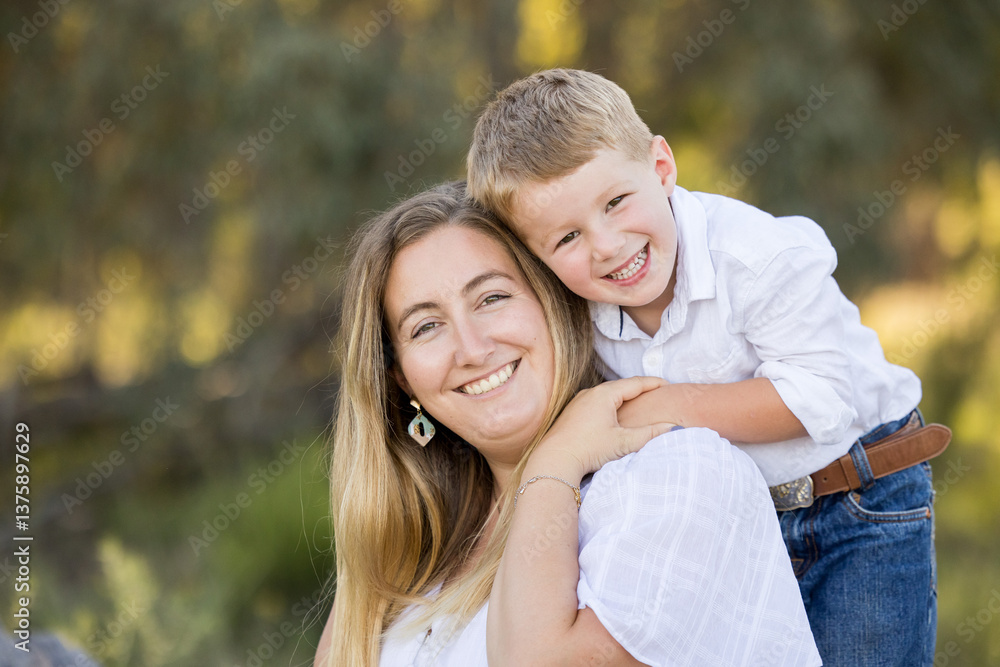 Mother and son portrait in rural Australian bush setting Mother and son portrait in rural Australian bush setting