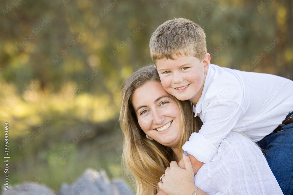 Mother and son portrait in rural Australian bush setting Mother and son portrait in rural Australian bush setting