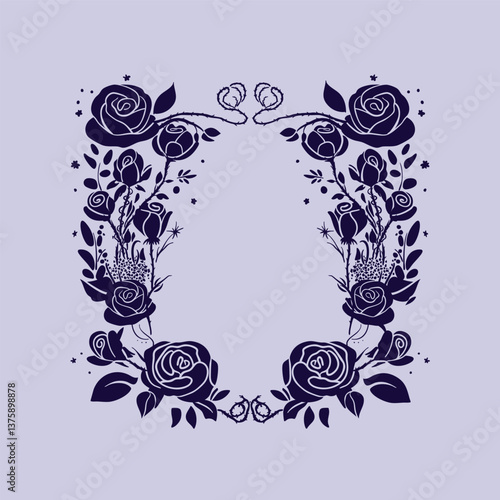 Single color floral vector frame with wild roses with thorns. Magic and enchantment. Enchanted and magical garden. Spells and curses. Fables and fairy tales.	