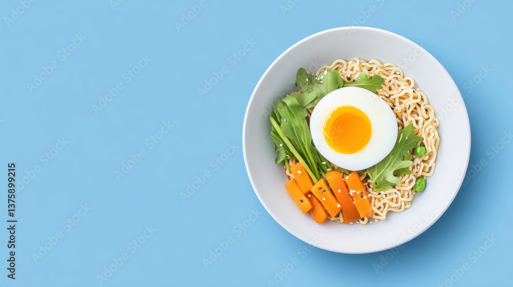 Bowl of noodles topped with a soft-boiled egg and vegetables against a blue background. Bowl of noodles topped with a soft-boiled egg and vegetables against a blue background.