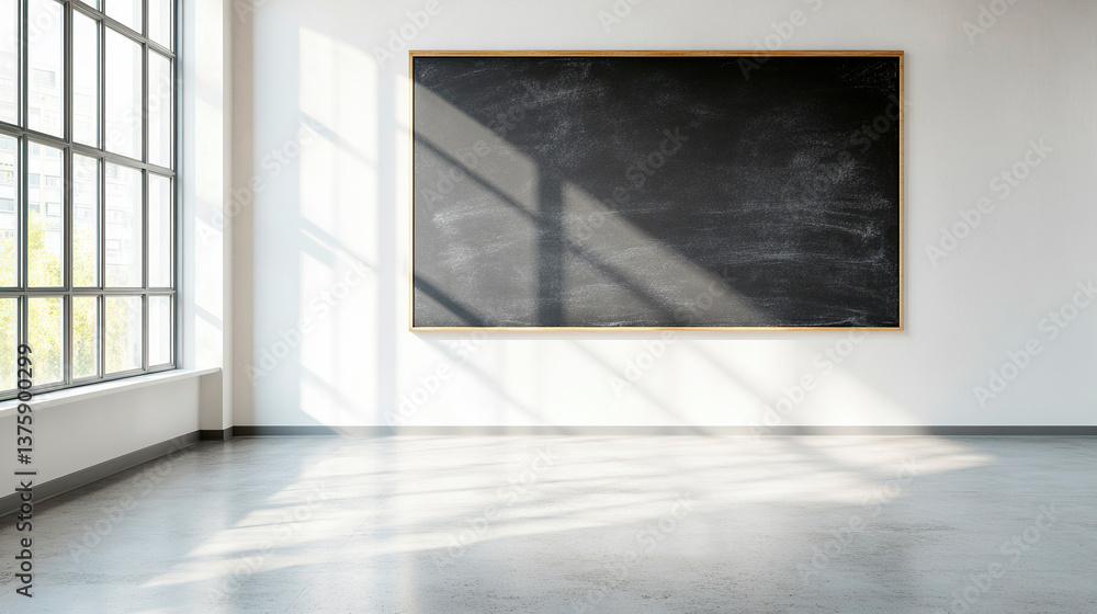 Fototapeta premium Empty bright modern classroom with blank chalkboard and shadows from panoramic window, daylight, background education and knowledge