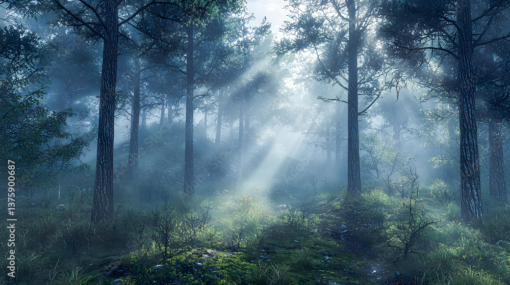 Naklejka premium Enchanted Forest with Sunlight Breaking Through Misty Atmosphere