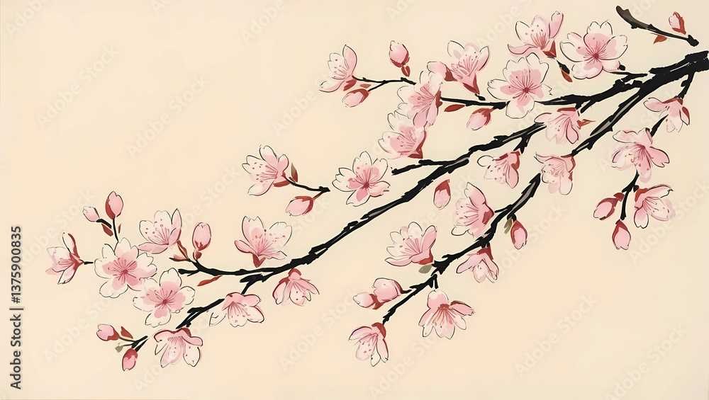 A delicate ink drawing of a blooming cherry blossom branch.
A delicate ink drawing of a blooming cherry blossom branch.