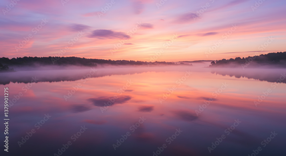 A tranquil lake at sunrise, with soft pink and purple hues reflecting in the water. A tranquil lake at sunrise, with soft pink and purple hues reflecting in the water.