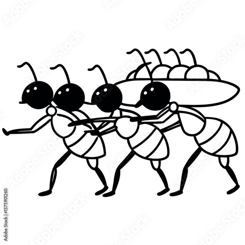 A team of ants working together to carry food.