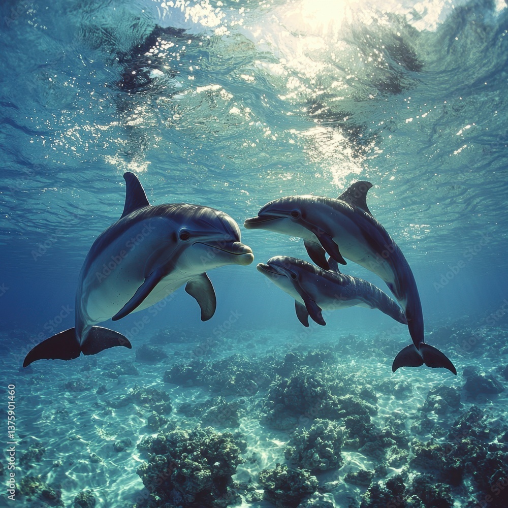 Fototapeta premium Three dolphins swim together in clear blue water above coral reefs, showcasing their playful nature and the beauty of marine life.