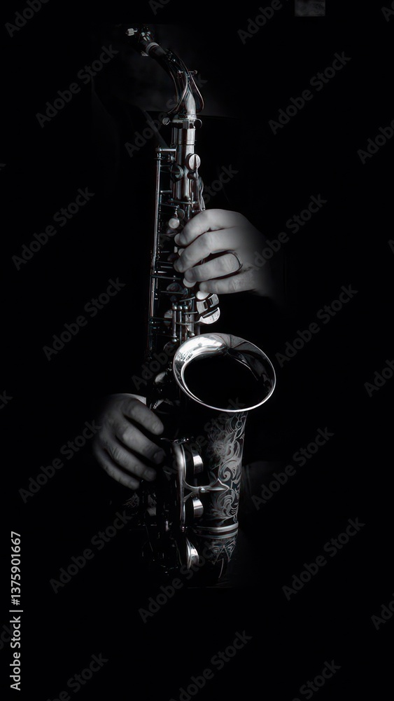 Fototapeta premium close up of saxophone player hands performing jazz music on vintage engraved saxophone in dark background..