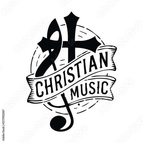 Black and White Christian Music Emblem Graphic Design with Stylized Cross, and a Musical Note