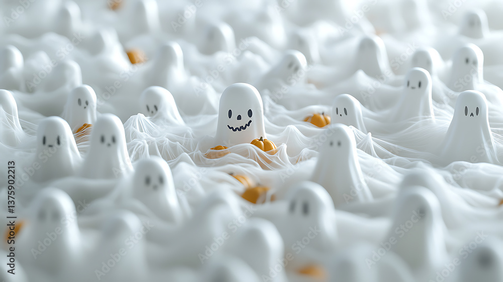 Obraz premium Whimsical ghost gathering haunted house halloween decorations spooky atmosphere overhead view playful spirits