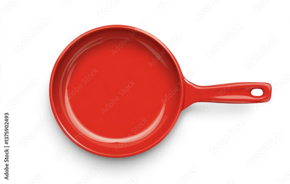 Red Frying Pan Isolated on White Background, Studio Shot, Top View Red Frying Pan Isolated on White Background, Studio Shot, Top View