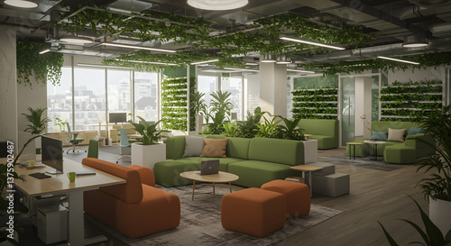 Bright coworking space with modern furniture, collaborative seating areas, and plenty of greenery.