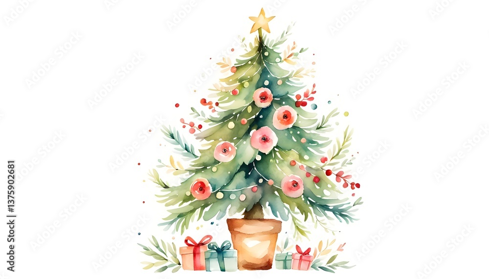 Naklejka premium Watercolor Christmas Tree with Ornaments and Gifts – Festive Holiday Art, Hand-Painted Xmas Tree with Presents, Watercolor Christmas Tree – Seasonal Holiday Greeting Card