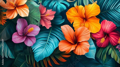 Wallpaper Mural Vibrant Tropical Hibiscus Flowers Lush Green Leaves Botanical Illustration Exotic Floral Design Summer Nature Background Digital Painting Artistic Floral Artwork Beautiful Vivid Colors Detailed        Torontodigital.ca
