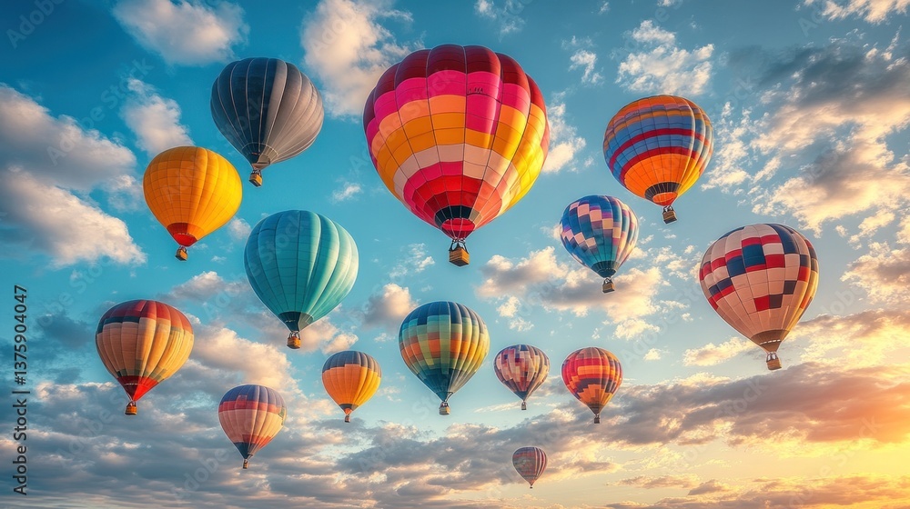 Fototapeta premium Colorful hot air balloons soaring in a vibrant sky at sunrise