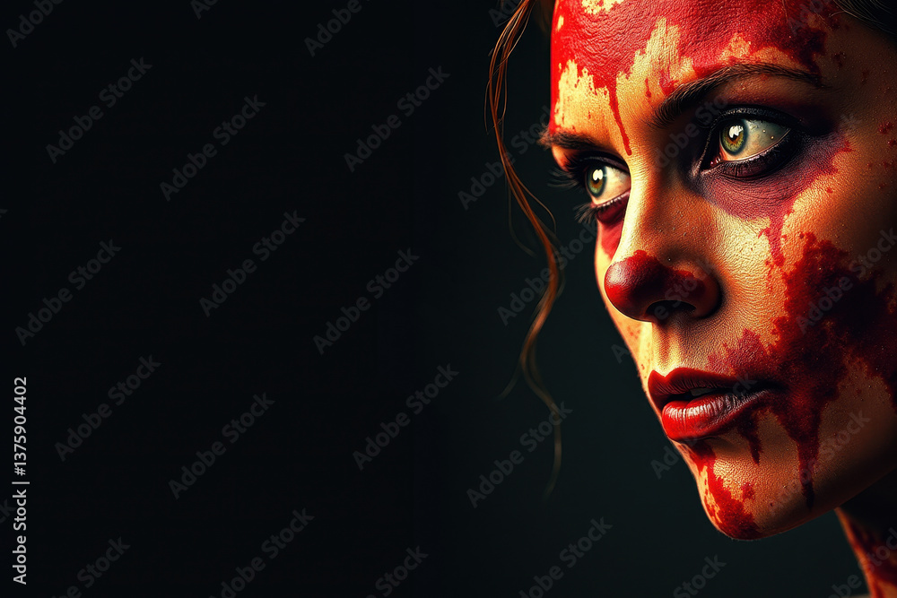 Dramatic portrait of woman with intense expression artistic face paint