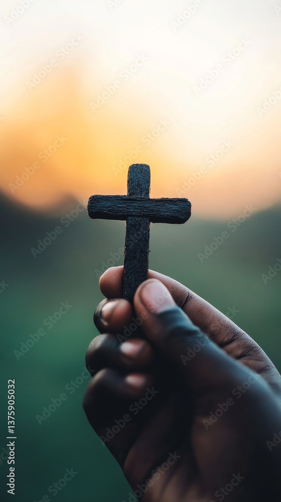 Close up of hand holding rustic wooden cross at sunrise in tranquil outdoor setting