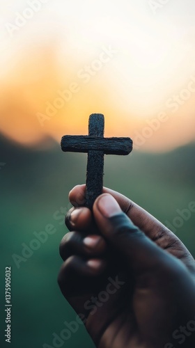 Obraz na płótnie Close up of hand holding rustic wooden cross at sunrise in tranquil outdoor setting w salonie