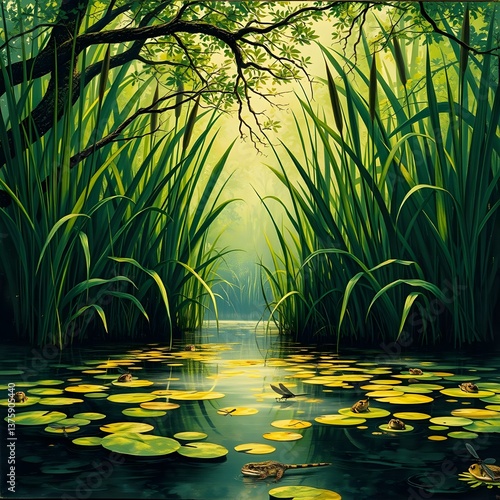 Tranquil Pond with Lily Pads and Frogs