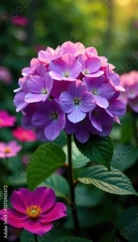 A large hydrangea flower opens its petals in the center of a lush garden, with various colorful flowers blooming around it, bloom, plants, nature
