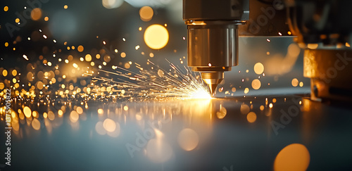 industrial laser cutting process, sparks flying in modern manufacturing facility