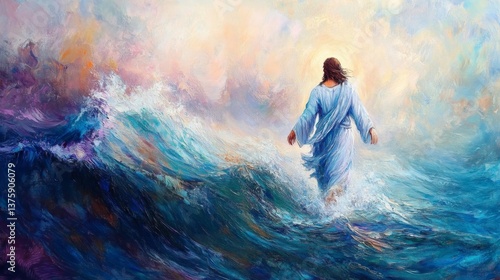 Jesus Walking on Water, Dreamy Impressionist Painting with Soft Pastel Colors.