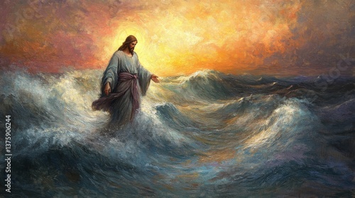 Jesus Walking on Water, Dreamy Impressionist Painting with Soft Pastel Colors.
