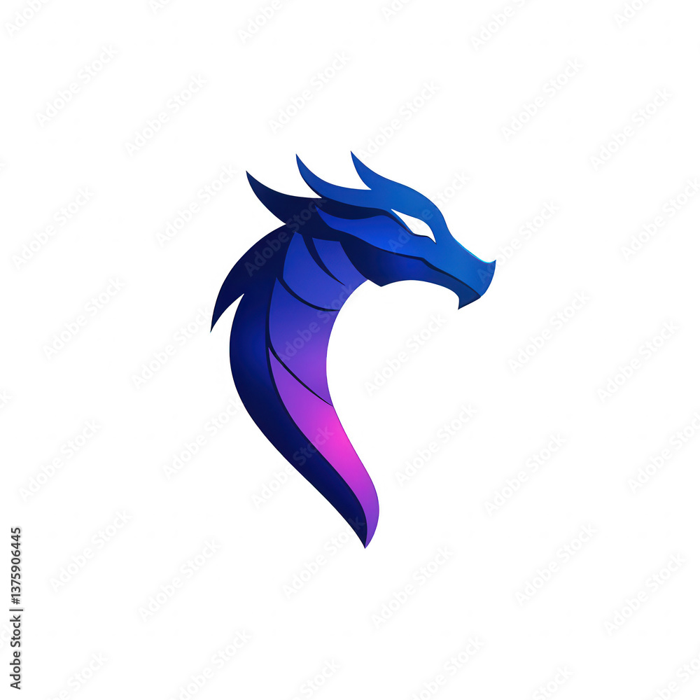 Fototapeta premium Stylized dragon head in shades of blue and purple, perfect for fantasy themes or logo design, isolated on white background.