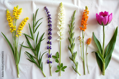 Obraz na płótnie Beautiful arrangement of vibrant spring flowers on white background w salonie
