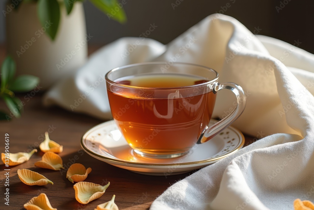 Cozy autumn tea with elegant cup white fabric
