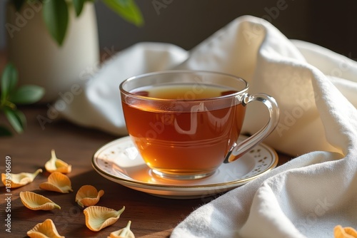 Obraz na płótnie Cozy autumn tea with elegant cup white fabric w salonie