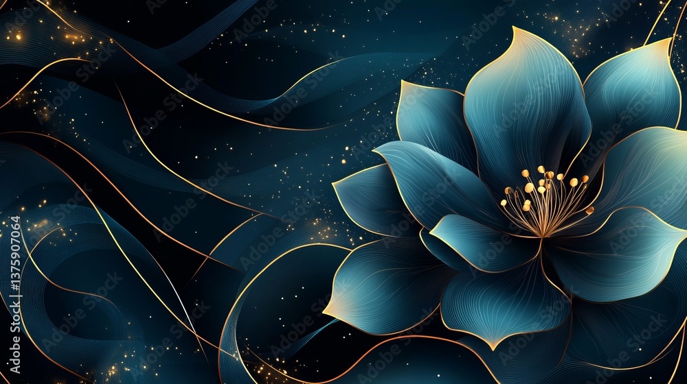 Naklejka premium Elegant Teal Flower with Gold Accents Abstract Dark Background Luxury Floral Design Artistic Teal Bloom Nature Inspired Botanical Illustration Modern Art Graphic Design Wallpaper Teal Blue Gold rich