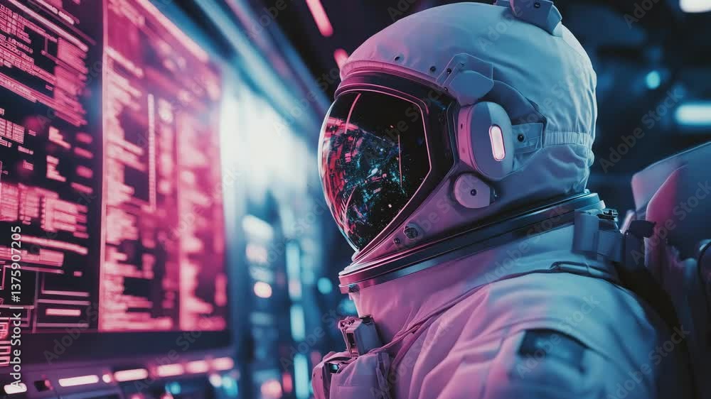 An astronaut in a high tech space suit observes screens filled with complex data in a futuristic spacecraft An astronaut in a high tech space suit observes screens filled with complex data in a futuristic spacecraft