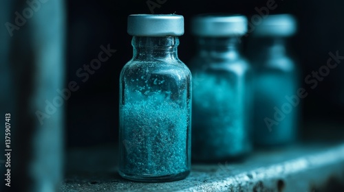 Mysterious blue crystals in sealed glass vials on dark metallic surface in moody lighting