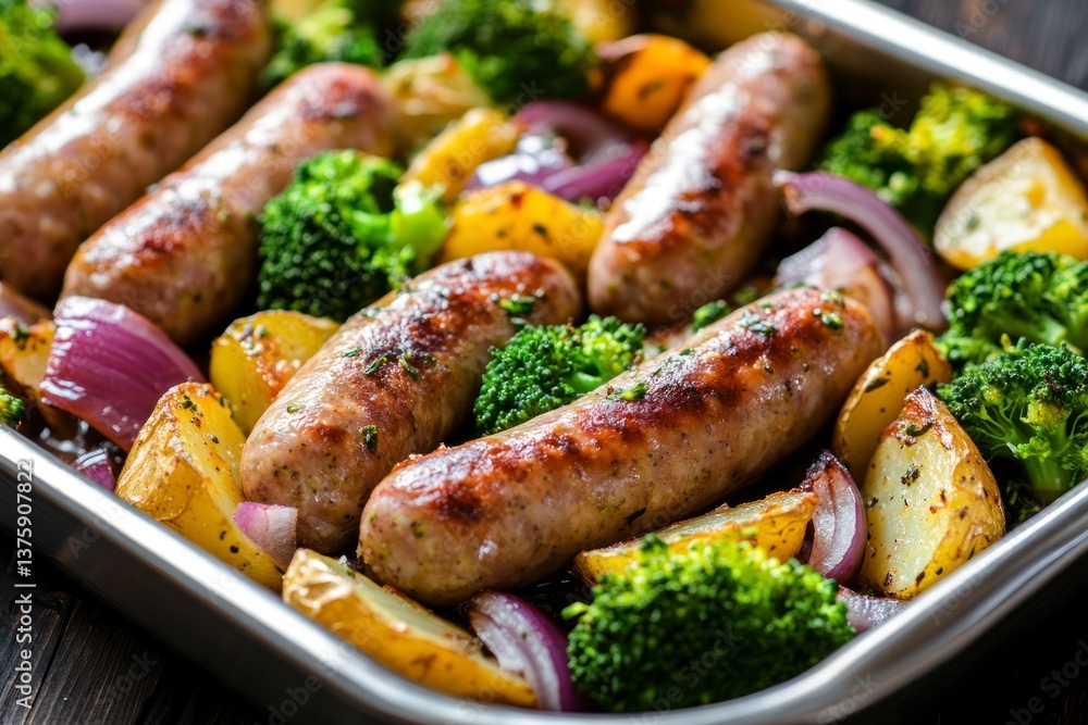 Baked Sausages with Broccoli, Potatoes and Onion for Healthy Dinner Baked Sausages with Broccoli, Potatoes and Onion for Healthy Dinner