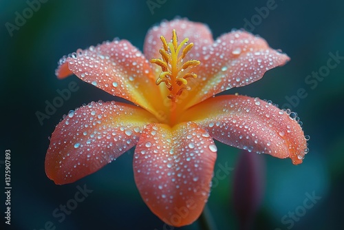 Close-up of orange flower with dew drops, blurred background